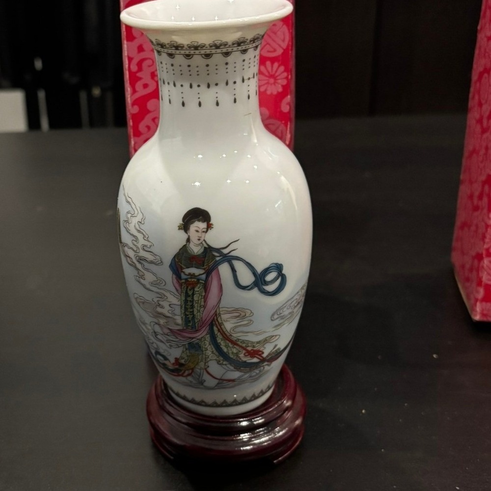 Vintage Chinese Porcelain Bud Vase Hand Painted Woman Calligraphy with Stand